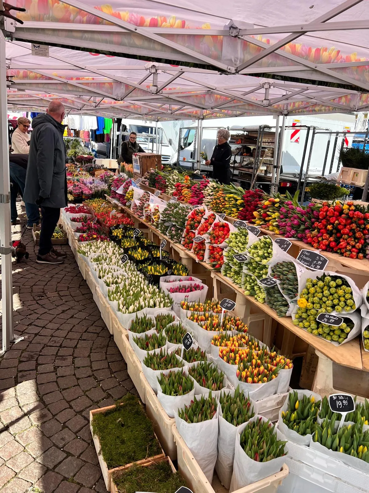 Marktstand mit bunten Blumen und Tulpen