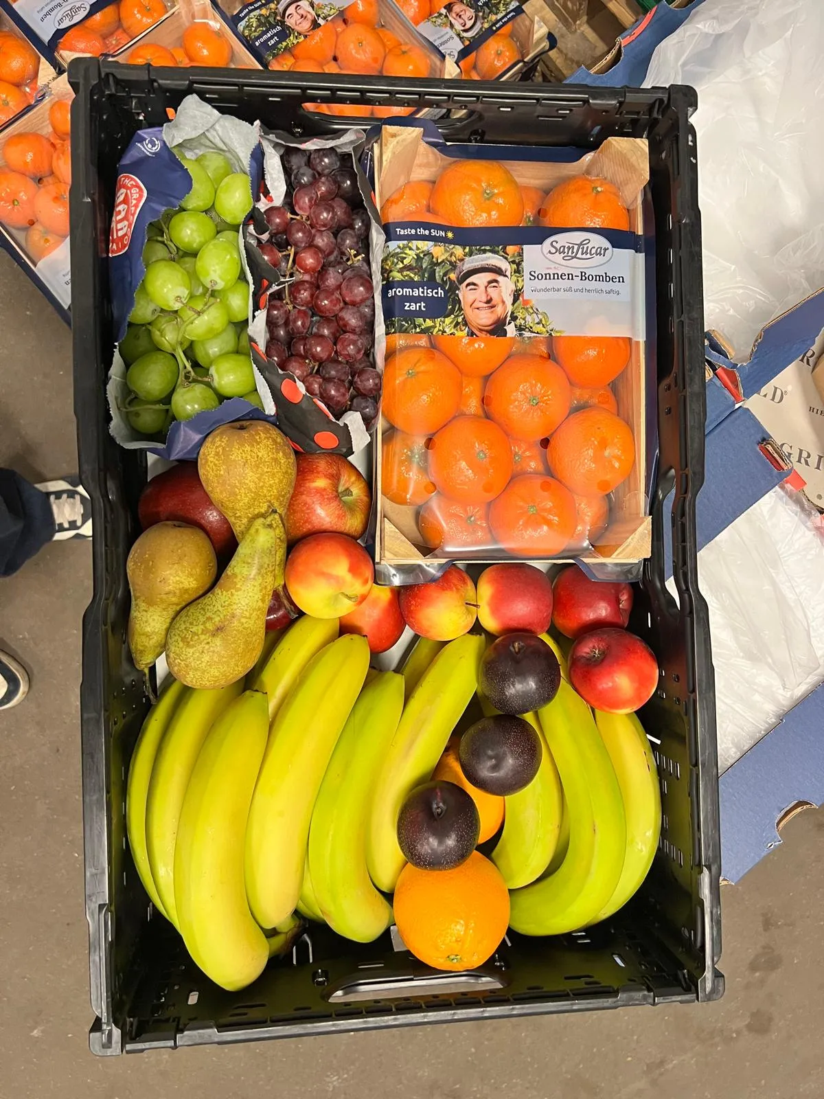 Frisch gepackte Obstkiste mit Bananen, Trauben, Birnen und Mandarinen für einen Messestand